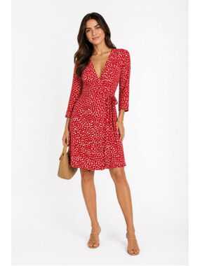 BCBG Max Azria Red Wrap Dress Size S 3/4 Sleeve V-Neck EUC